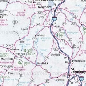 Map showing Northeast Kingdom and Lamoille County highways in Vermont